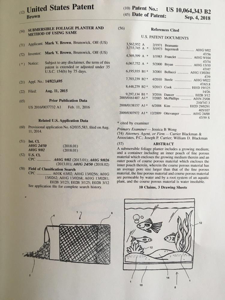 Patent for the AquaBed LLC product, an aquarium plant soil that assists aquarium plant growth.